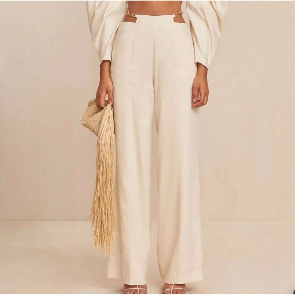 Cult Gaia Sosana Pants Beige Linen Gold Chain Strap Cut Out Wide Leg Trousers